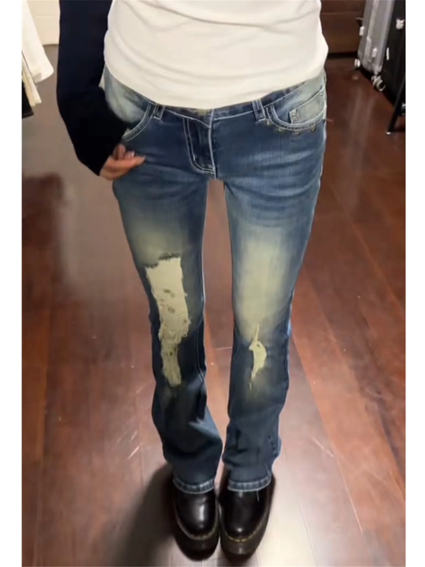 High Waist Flared Denim Jeans Women's Tight Elastic Hole Punch Millennium Casual Cotton Bell Bottoms Summer Jeans