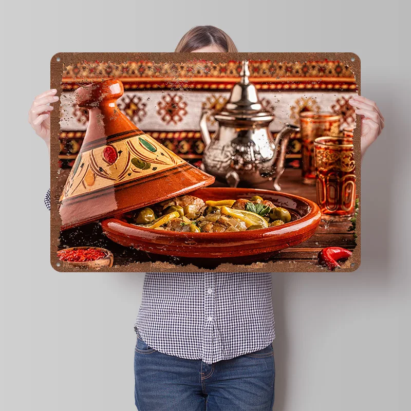 Marokkanisches Tajine mit Oliven-Poster, individuelle Wandkunst, Vintage-Metallschilder, Retro-Blechschild für Männerhöhle, Heimdekoration, Kaffeebar