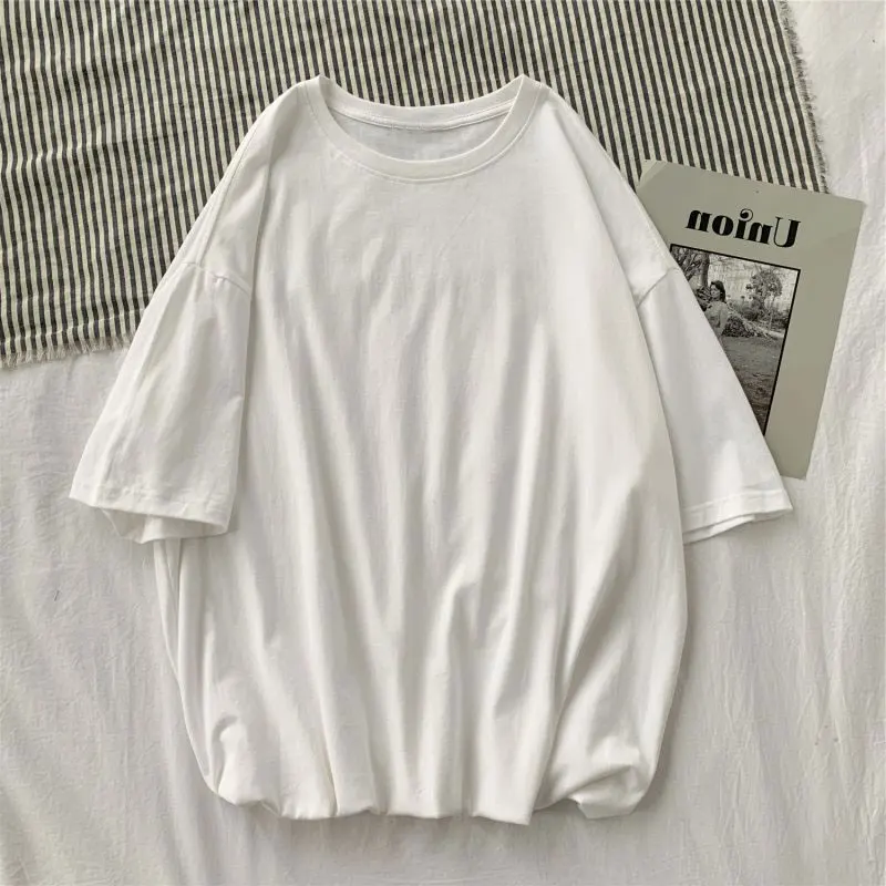 Women T-shirts Casual Basis O Neck Short Sleeve White Blue Tshirt Solid Color Oversized  Female Tees 2023