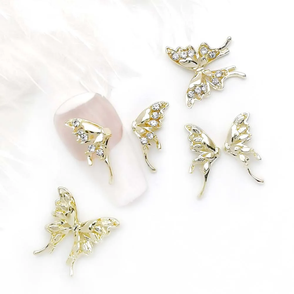 10Pcs Alloy Butterfly Wings Nail Parts Metal Half Butterfly Nail Art Charms Gold/Silver Hollow 3D Diamond Crystals Decorations