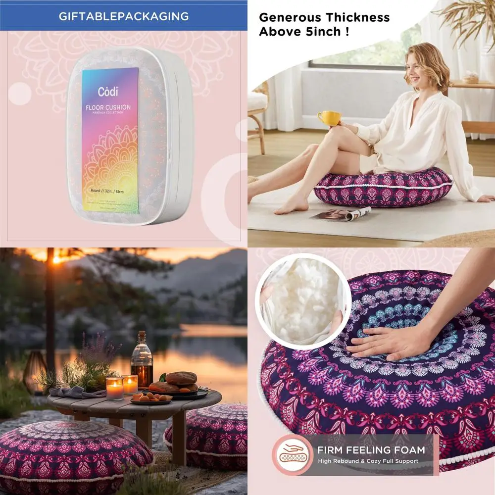 

Pair of Large Round Meditation Pillows, Adult-Sized Boho Mandala Cushions, Ideal for Outdoor and Indoor Use, 32 with Memory Foam