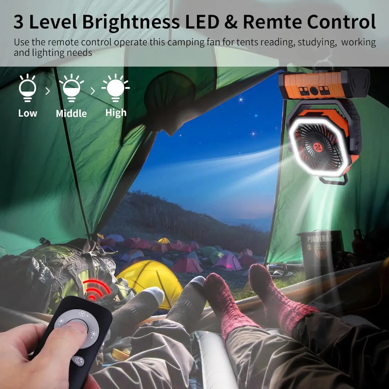 Camping fan with LED light and remote control, 10000mAh portable camping fan, suitable for outdoor tent picnics camping fan