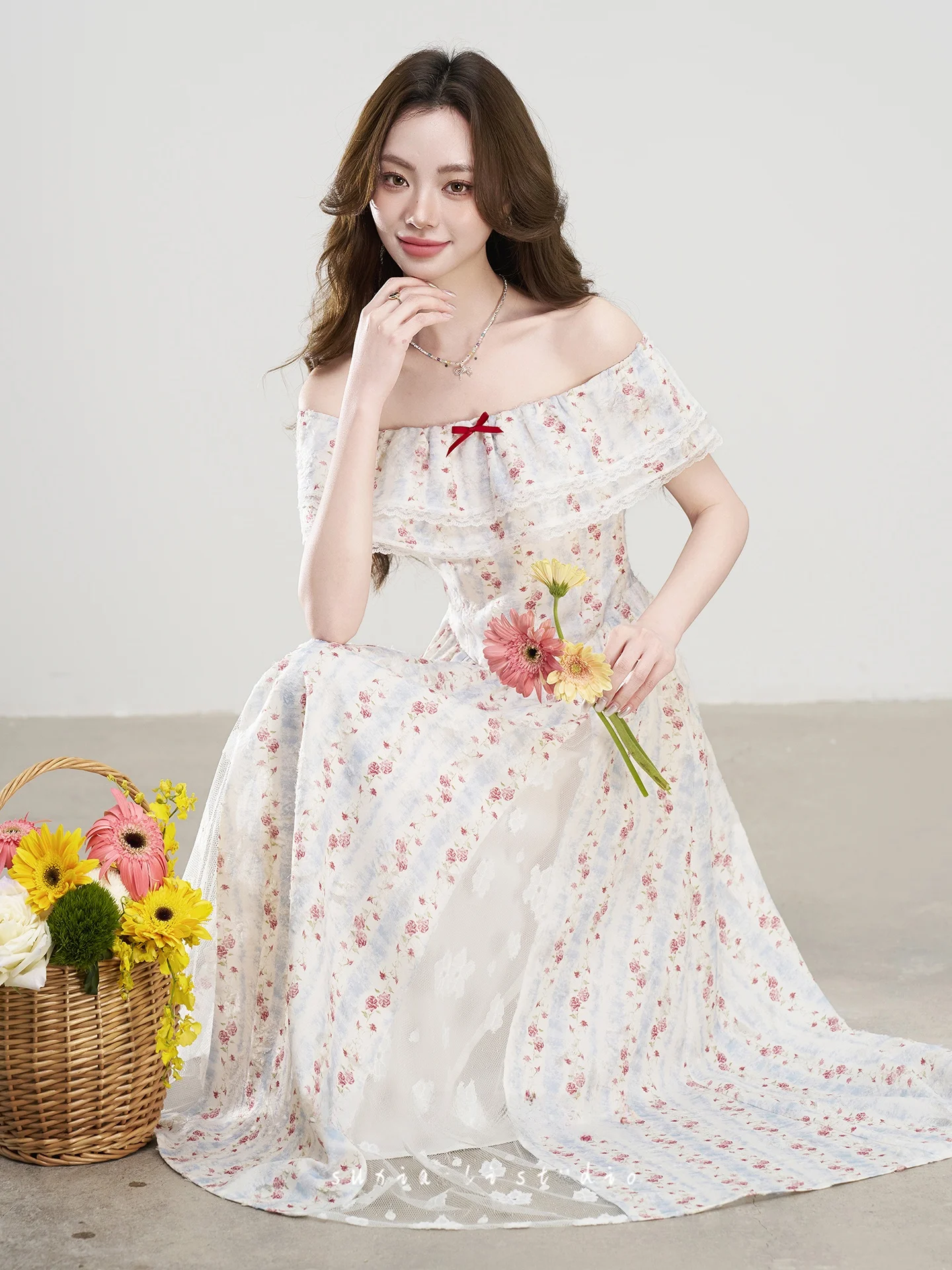 

Summer Floral Print One-Shoulder Dress Women's Holiday Style Waist-Cinching A-Line Skirt French Style Natural Waist Soft Fabric