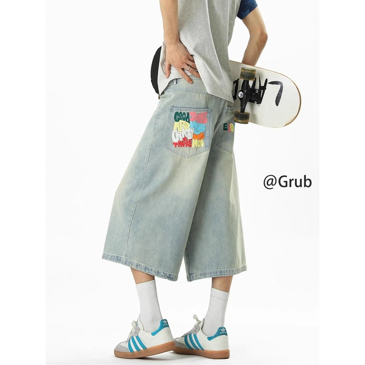 

Американские джинсы на семь футов с принтом в стиле ретро, мужские летние новые прямые повседневные джинсы High Street, хлопковая эластичная джинсовая ткань