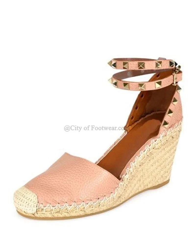 Women Rock Stud Leather Wedge Sandals Round Toe Espadrille Strap Baby Blue Pumps Luxury Summer Party Beach Causal Dress Shoe