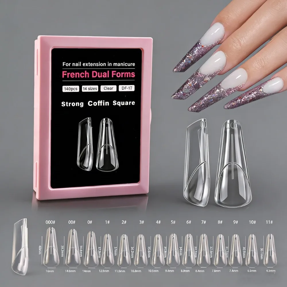 140pcs Ultra-thin French Nail Forms Quick Extension 14 Sizes Nail Dual Forms Perfect C-curve Transparent Thin Acrylic Nail Tips