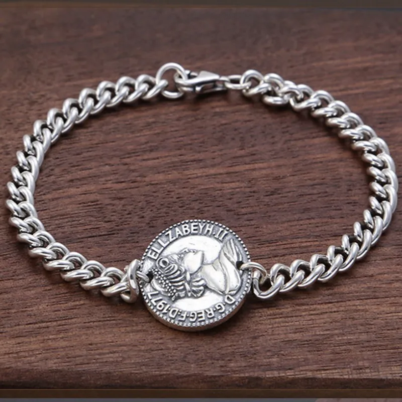 BOCAI New 100% 925 Pure Silver Trendy Jewelry Accessorie Vintage Fashion European Round Portrait Letters Men Bracelet