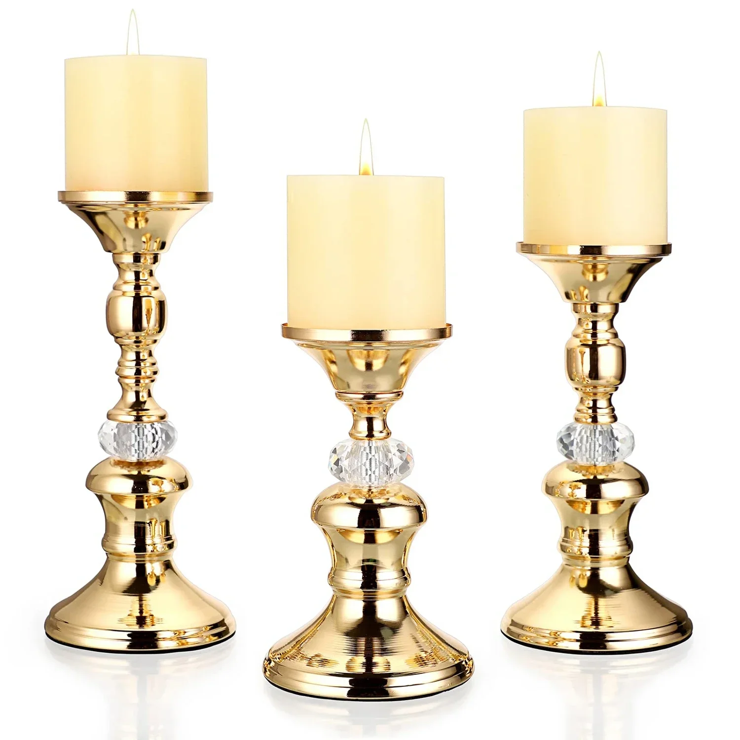 

Set of 3 Sizes Gold Metal Pillar Candlestick Holders Vintage Pillar Candle Holders Elegant Metal Crystal Pillar Candle Stands