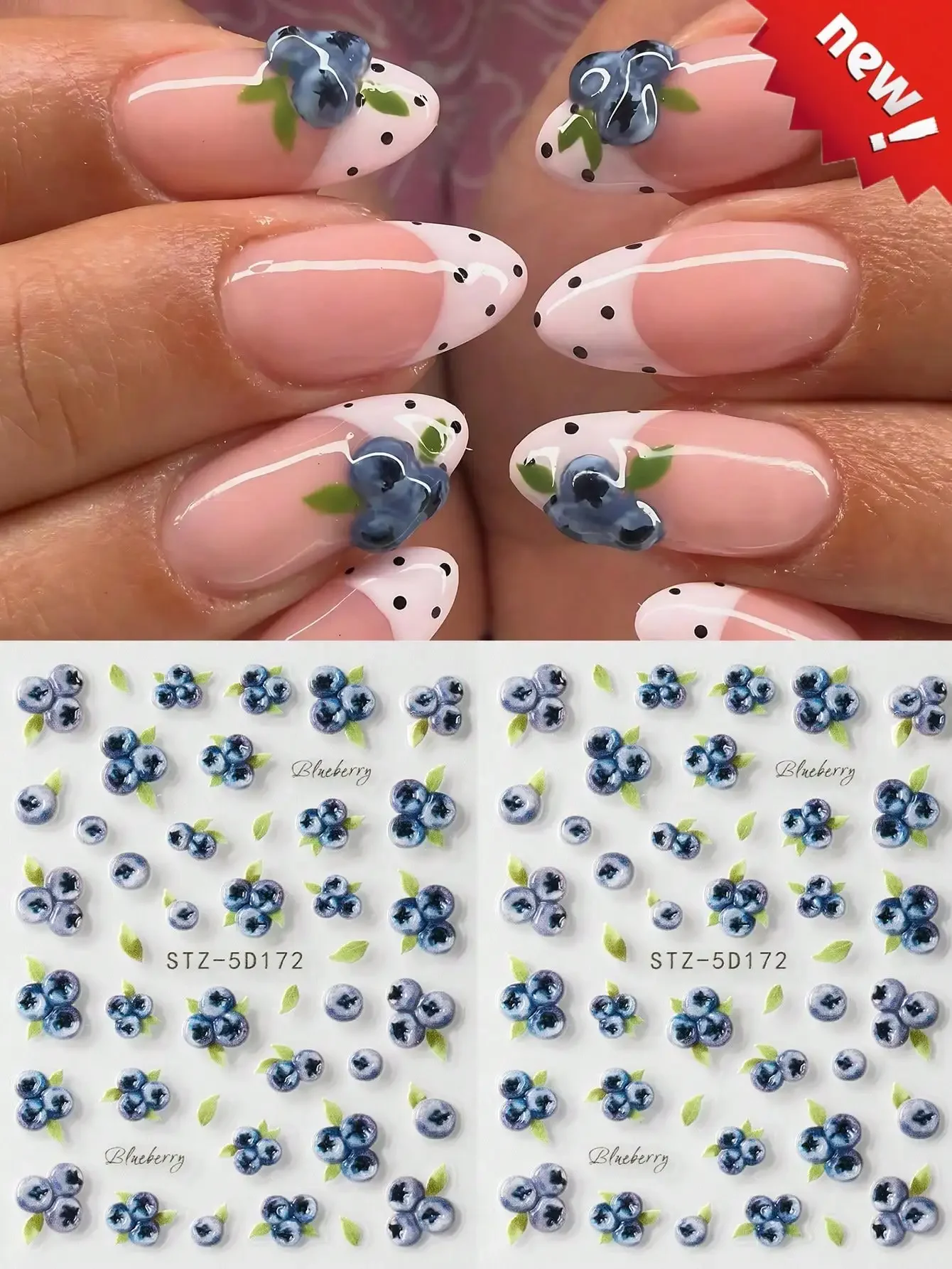 Pegatinas 5D en relieve de hoja de arándano - Calcomanías suaves grabadas de frutas para decoración de uñas, dijes DIY para uñas postizas de primavera y verano para bodas