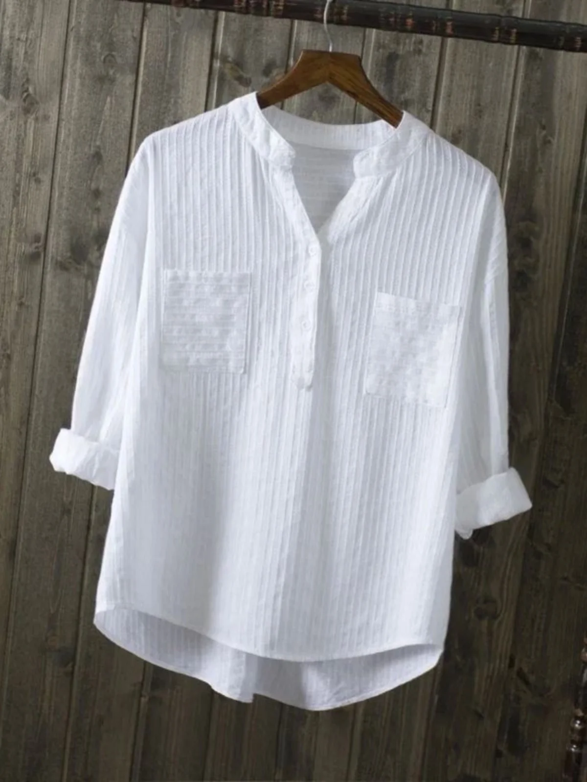 

Loose Fit Long Sve V-Ne irt Street Sle Polyester Fabric Regular Sve Seven-Quarter Sve Striped Pattern Button C...