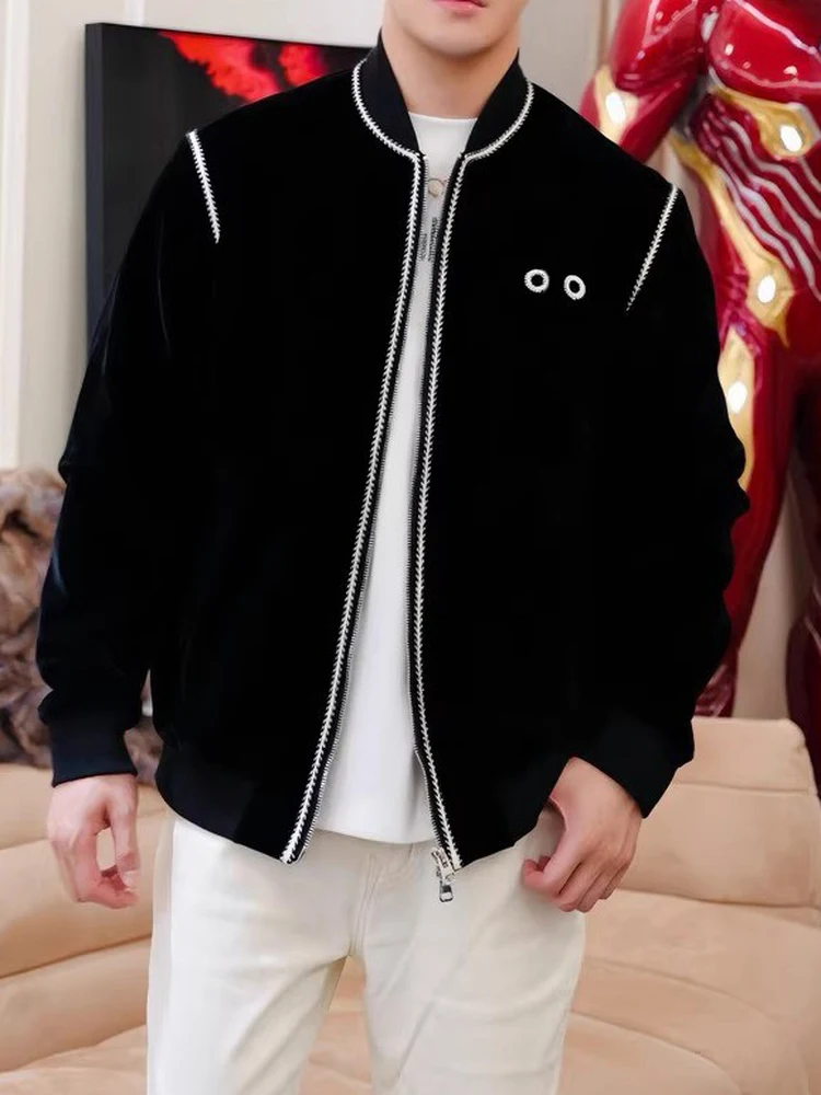 

Faionable Velvet Patchwork Striped Stand Collar Men's Jaet Loose Luxury Outerwear Autumn Winter High End Design Sense