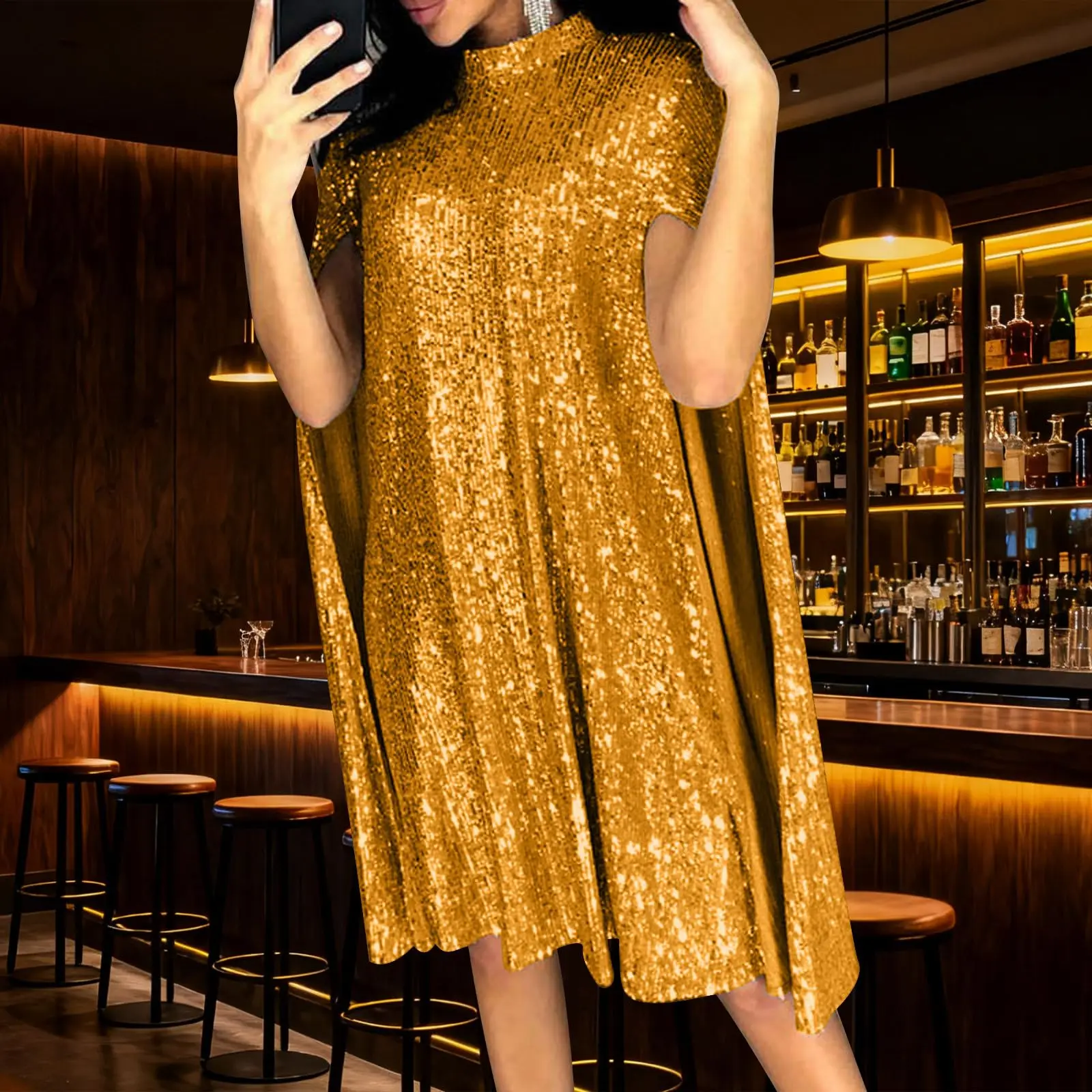 فستان قصير ذهبي مزين بالترتر وياقة واقفة فضفاض للنساء موضة الصيف عبر الحدود نمط جديد ثوب مسائي مع كيب للنساء #3