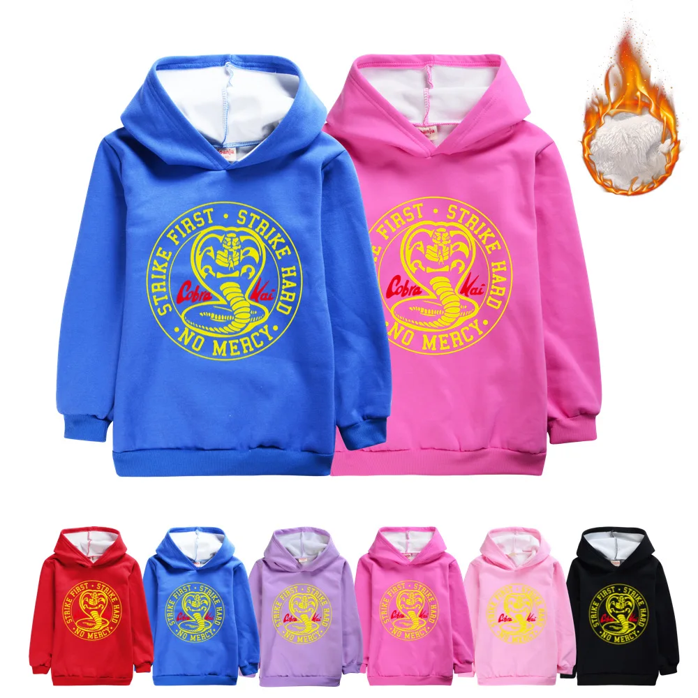 

Kids Fall Keep Warm Hooded Sweatshirt Cobra Kai Children Winter Clothing Boys Plus Velvet Sweater Fleece Fall Clothes