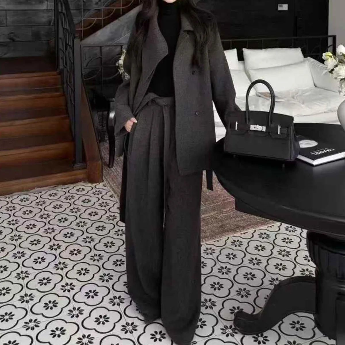 BJTZ-Chaqueta de Tweed gruesa para mujer, abrigo corto, chaqueta informal con cinturón y solapa de gran tamaño, ropa elegante de oficina de lujo de alta calidad, 2025