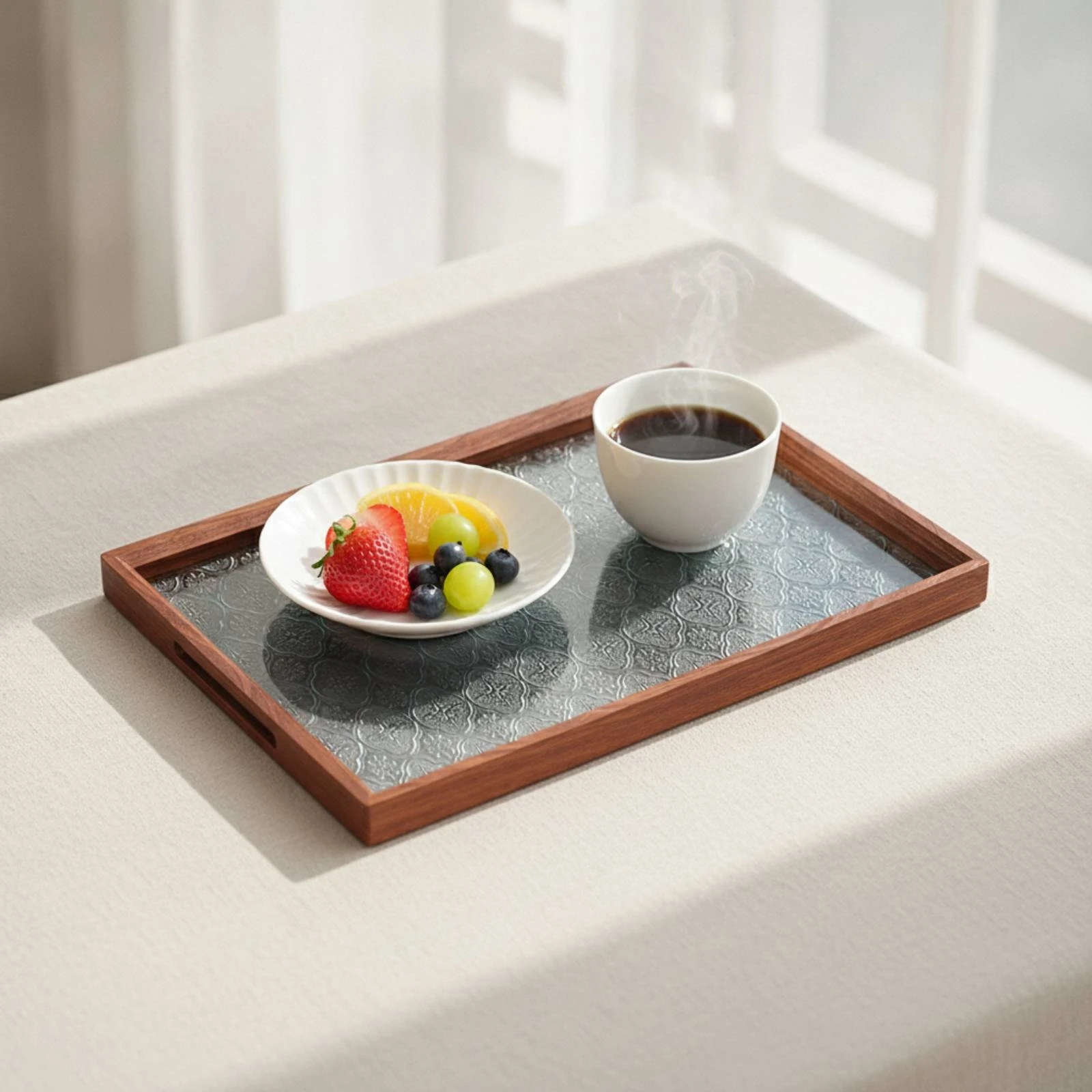 Wooden Tray with Glass Bottom Textured Glass Insert Tea Tray Low-Profile Vintage-Style for Hosts, Tabletop