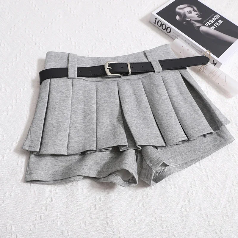 2025 Womens Shorts Autumn Winter Belt High Waist Fluffy Pleated A-line Short Pants Korean Fashion Sexy Y2k All Match Clothes