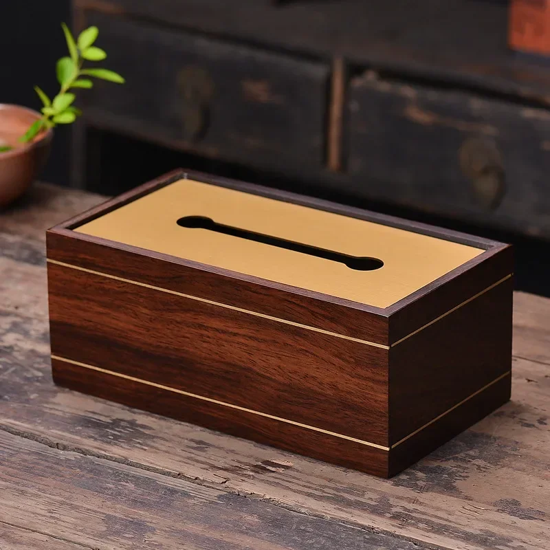 황동 상감 내장 흑단 티슈 박스, 단단한 나무, 오리지널 중국 스타일 보관함, 고급 레트로 장식 홈 액세서리