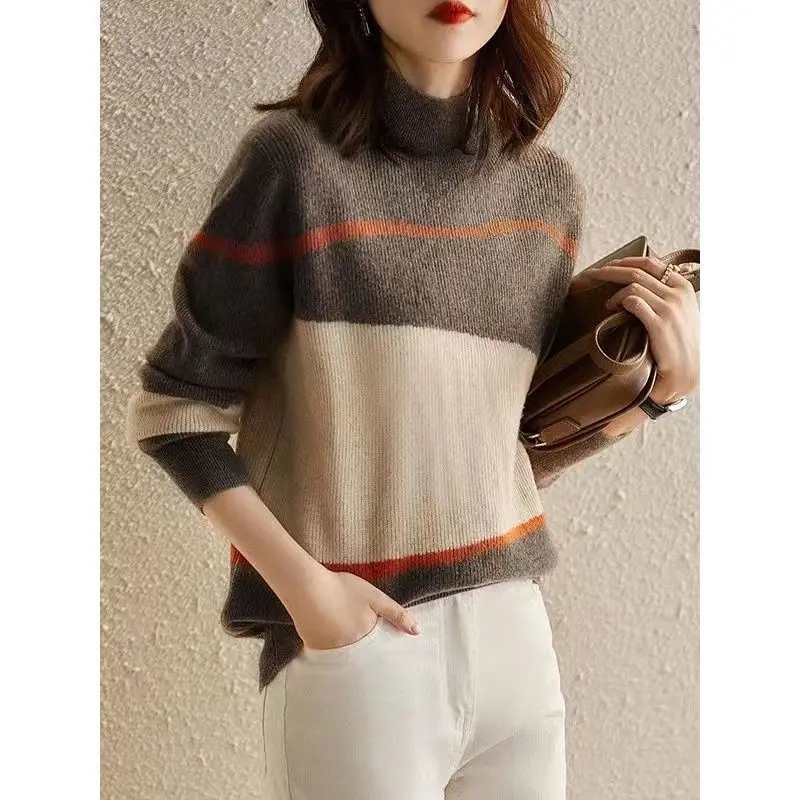 Autumn Winter New Fashion Half High Collar Long Sleeve Pullovers Women\'s Clothing Patchwork Color Blocking Loose All-match Tops