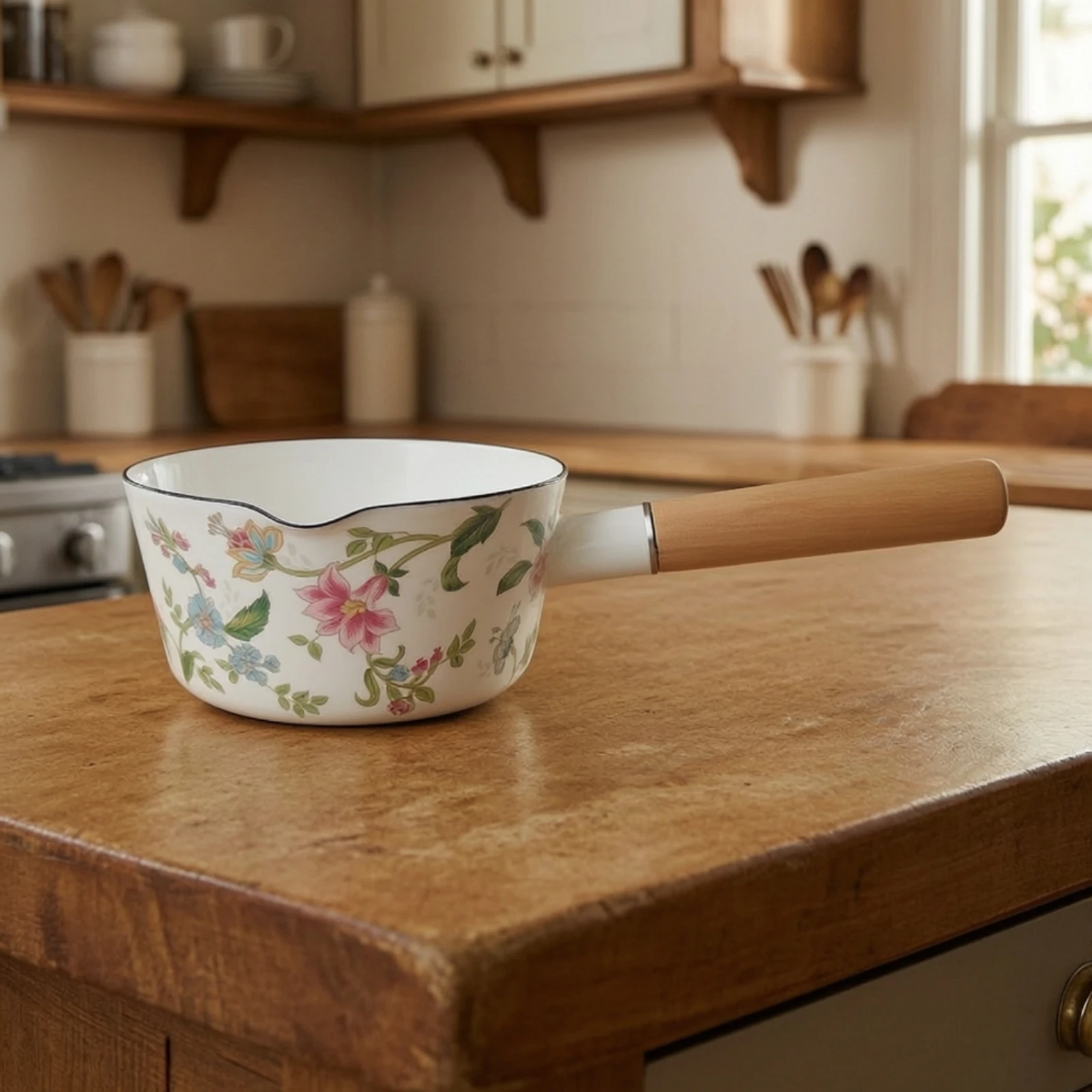 Enamel Milk Pan Gas Range Compatible Milk Pan with Wooden Handle Enamel Saucepan with Wooden Handle Glossy Cookware Lightweight