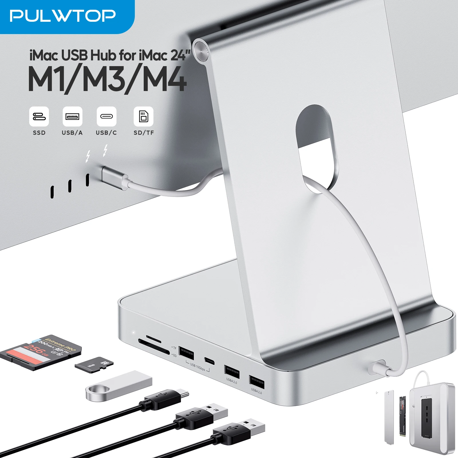 PULWTOP USB C HUB voor iMac 24 inch 2021/2023/2024, iMac Hub met USB C/A 10Gbps, SD/TF, ondersteuning voor uitbreiding M.2 SSD (NIET inbegrepen)