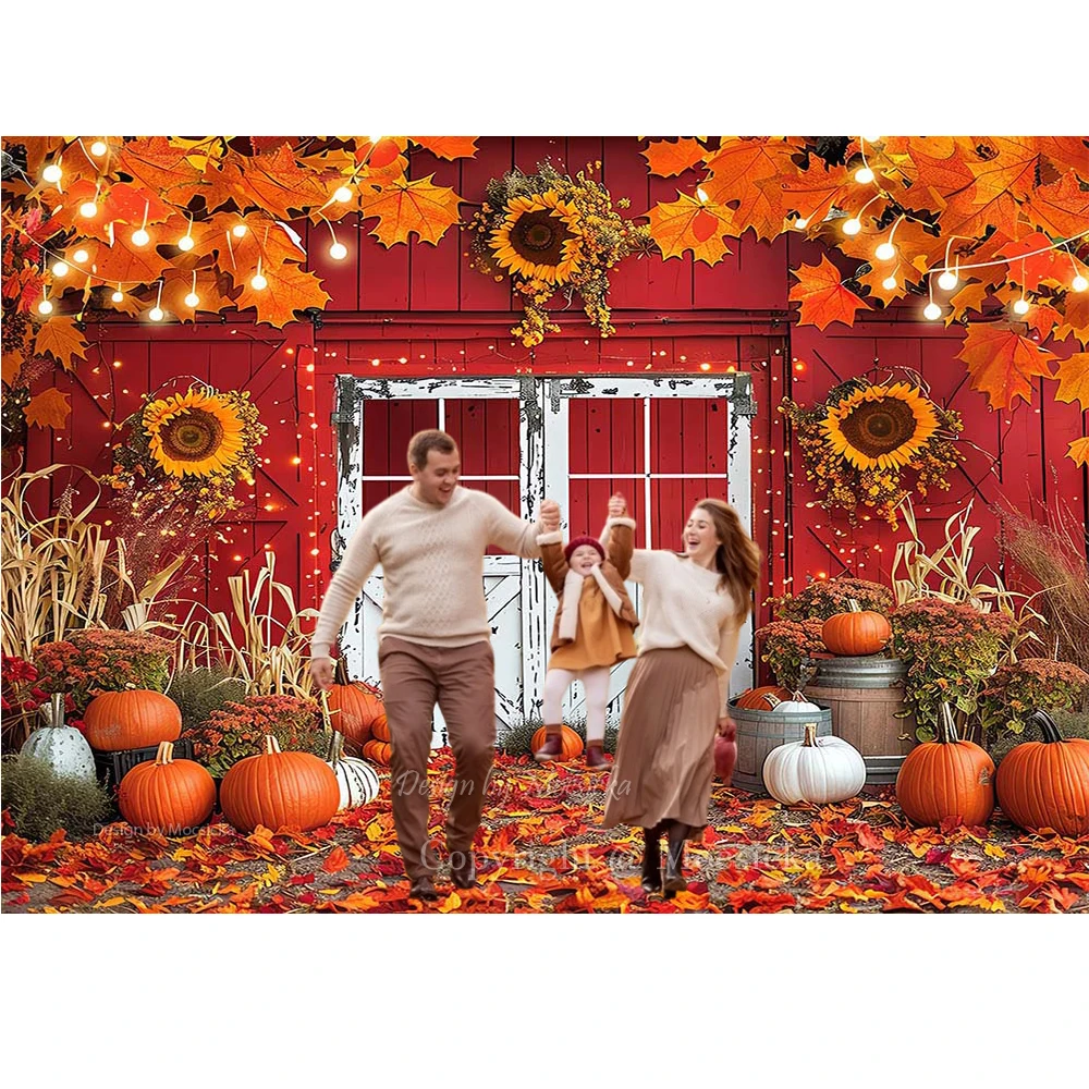 باب خشبي الحظيرة الحمراء ، خلفية التصوير الفوتوغرافي ، الخريف ، أوراق القيقب ، عباد الشمس ، اليقطين ، الأبيض ، استوديو الصور العائلية ، استوديو الصور