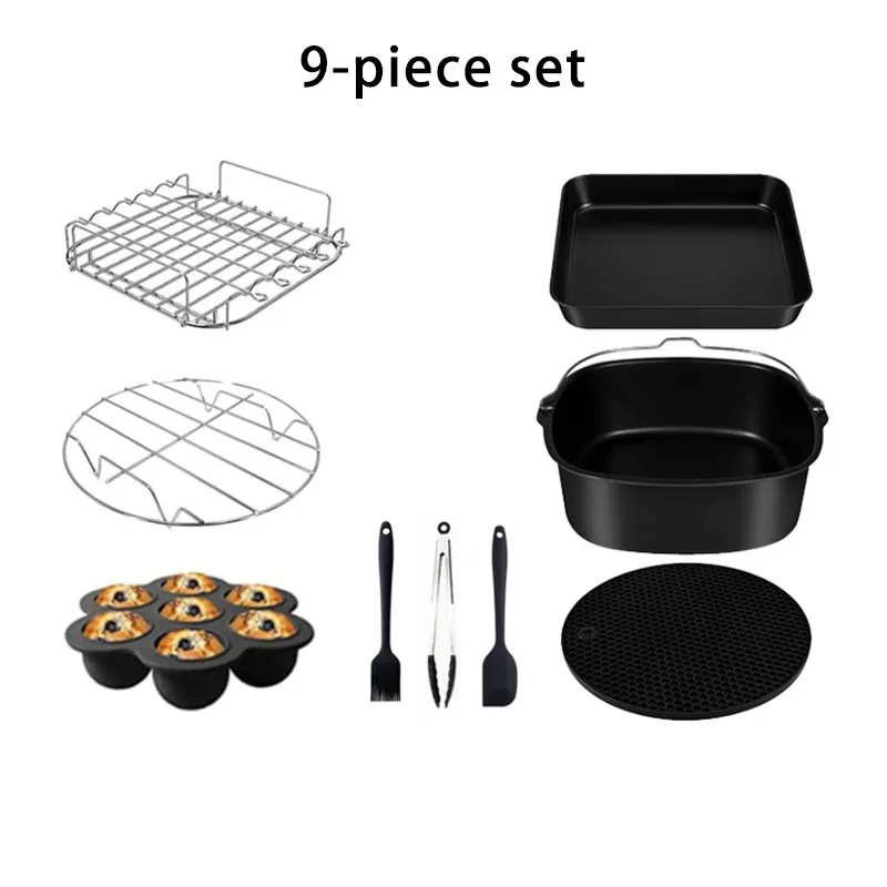 6pcs 9pcs AirFryer Accessories Set 8inch Fit for 5.5L Airfryer Baking Basket Pizza Plate Grill Pot Kitchen Cook Tool For Home