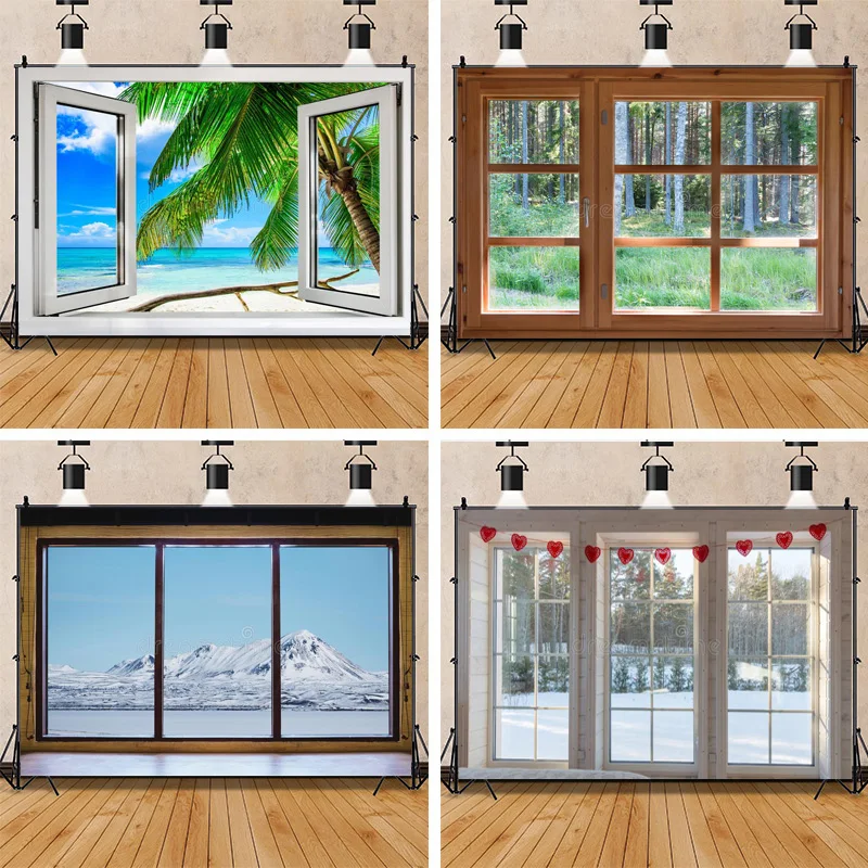 

Vinyl Custom Scenery Outside The Window Photography Backgrounds Props Seaside Tree Landscape Portrait Photo Backdrops CH-01