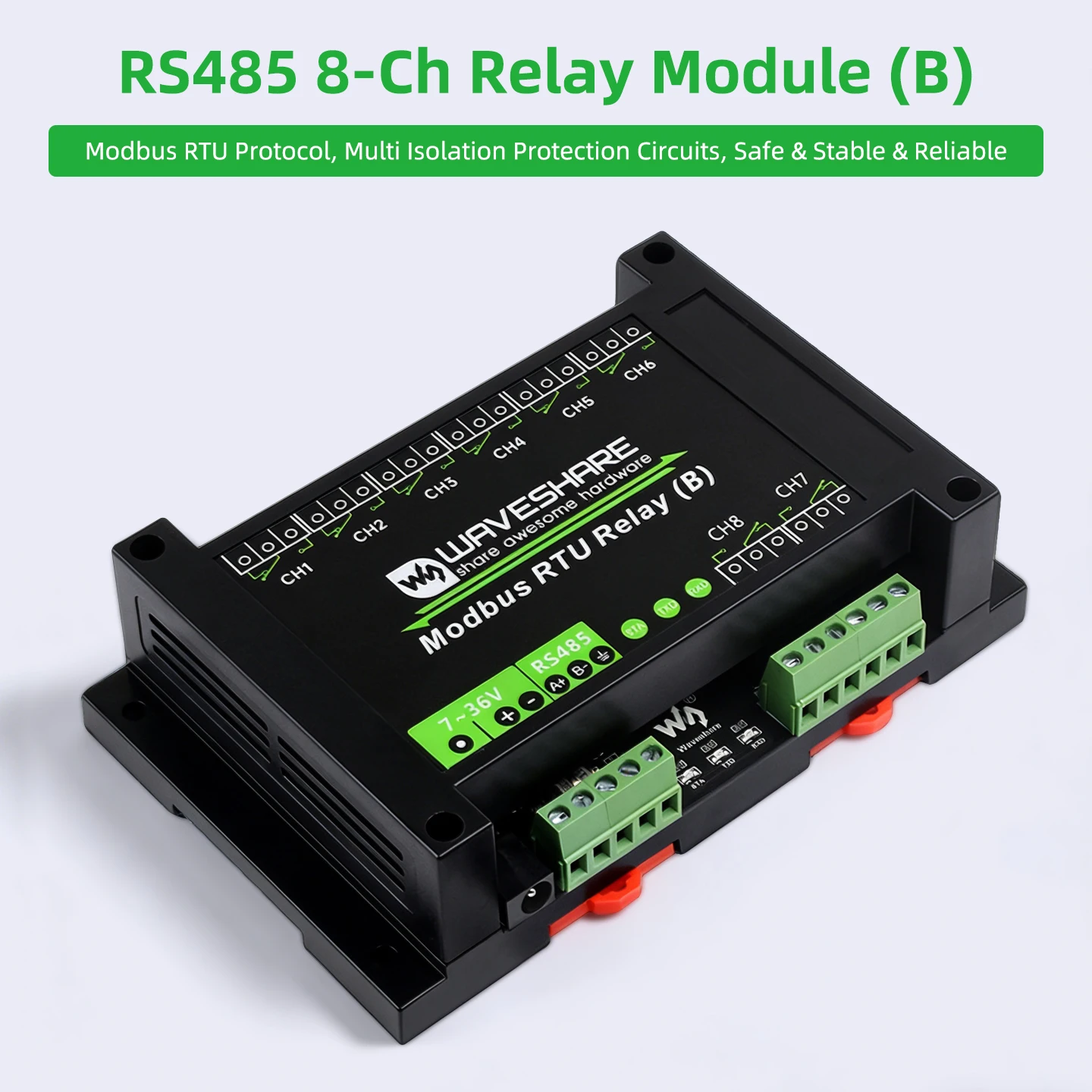

Промышленный 8-канальный релейный модуль Modbus RTU (B) с интерфейсом RS485, многоуровневой изоляцией и защитными схемами, монтируемый на DIN-рейку, корпус из ABS-пластика