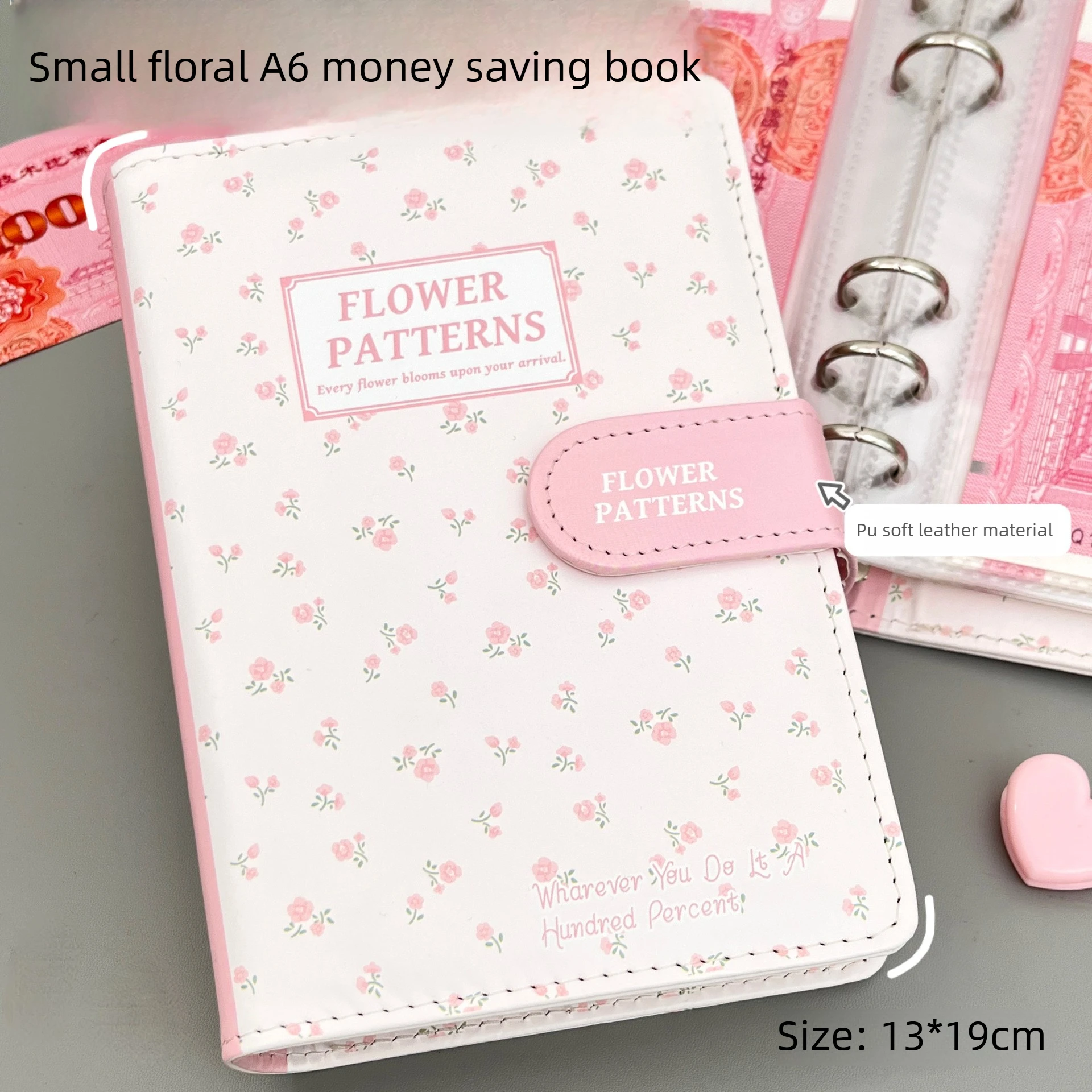 New PU Leather Money Saving Binder A6 Size Clear Inner Pages Budget Binder Cute Flowers Budgets Planner Personal Finance