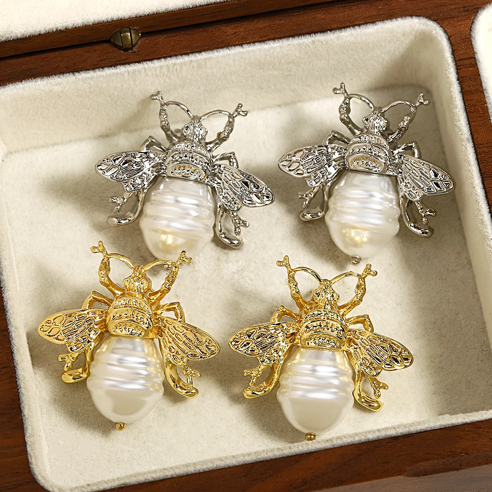 Lifefontier Silver Gold Color Bee Irregular Pearl Drop Earrings Vintage Creative Insect Big Earring Women\'s Jewelry Gifts 2023