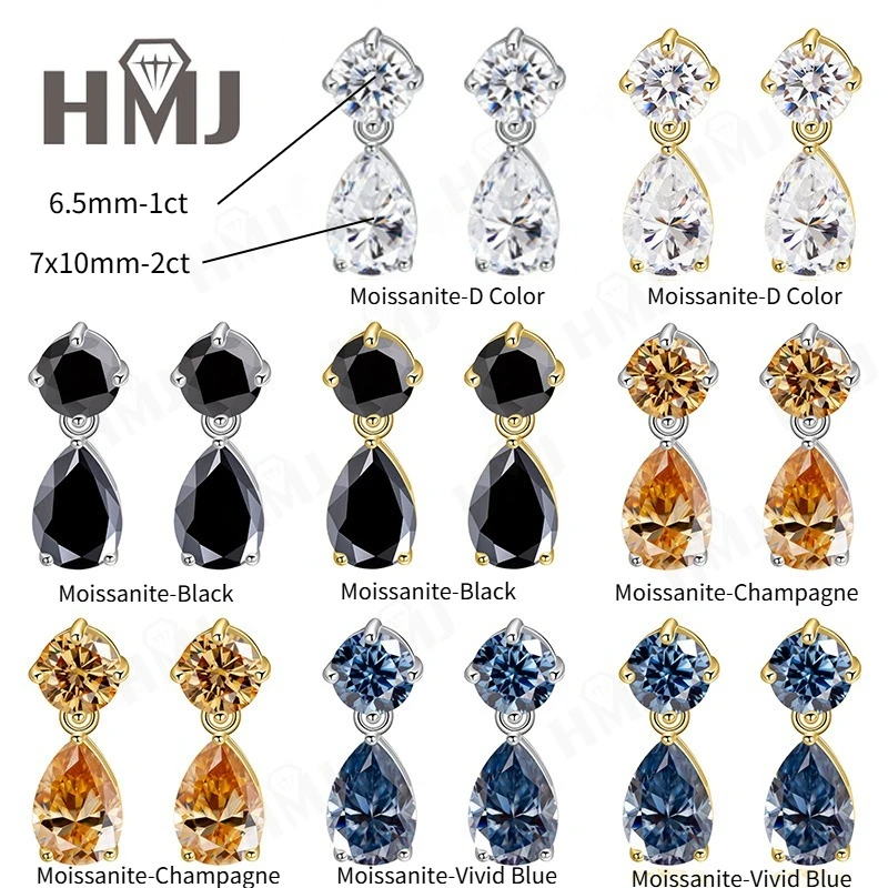 

Moissanite Earrings Round+Pear Cut D White Black Vivid Blue Champagne Dual Shape Studs Fine Jewelry Gift For Women Anniversary