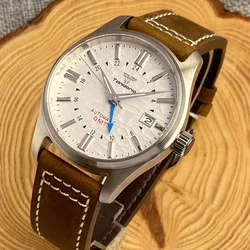 Tandorio 39MM Pilot Men 20bar Waterproof Case  White Dial 24 Hour Watch  Auto Japanese NH34A Movement Sapphire Crystal Leather