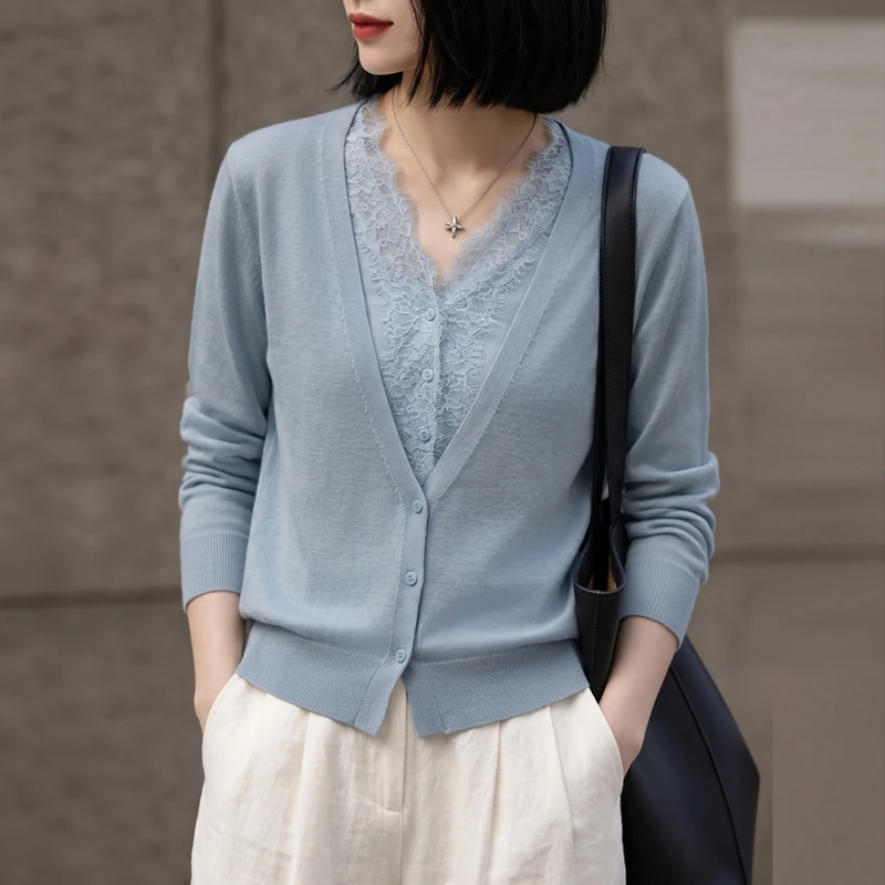 Imitation Two-Piece Set 2026 Autumn Winter New Women's Knitted Cardigan Loose Plus Long Sleeved Lace Patchwork Wool Versatiletop
