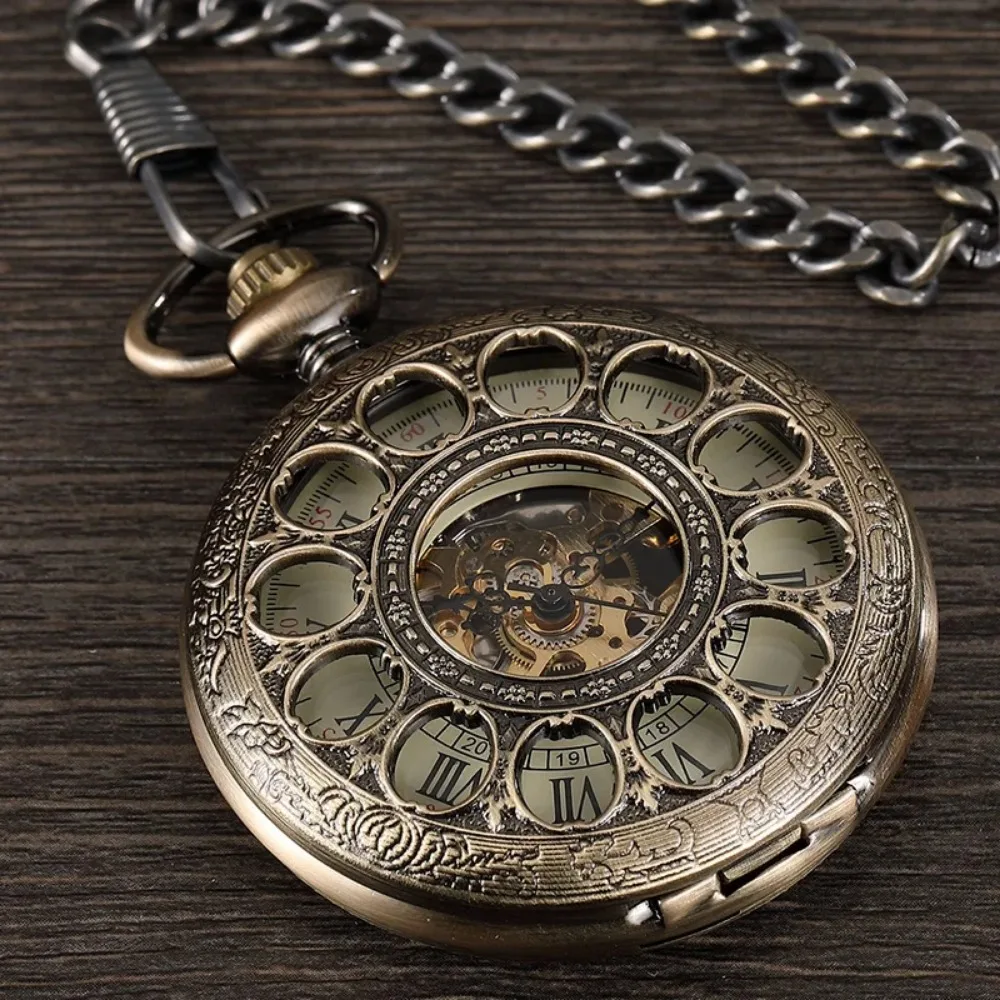 Antique Vintage Skeleton Mechanical Pocket Watch Roman Numeral Luxury Mechanical Fob Watch Chain Clock Necklace Exquisite Gift