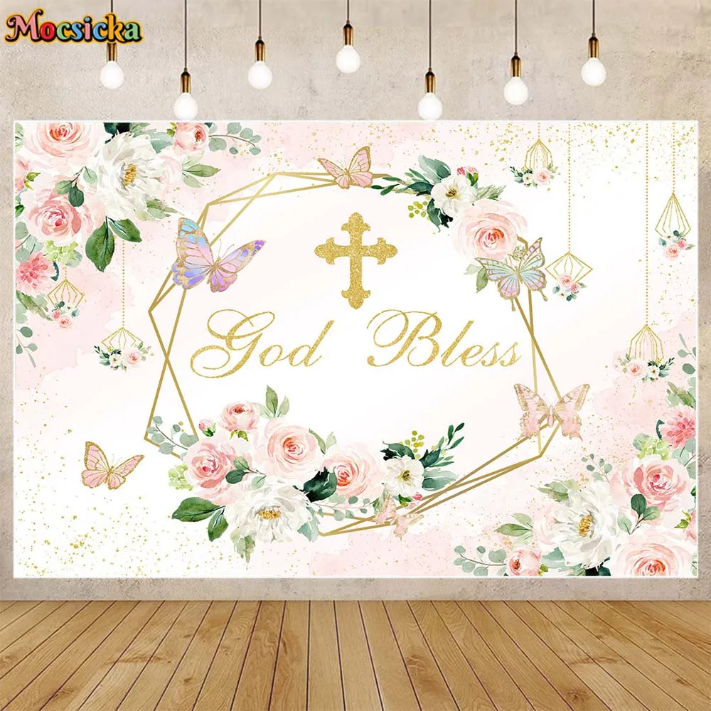 

Mocsicka God Bless Baptism Backdrops Butterfly Flowers Cross Girl First Communion Party Decor Banner Baby Christening Background