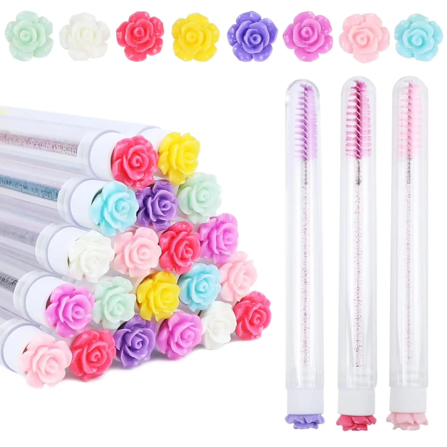 50pcs Reusable Rose Eyelash Brush Tube for Eyelash Extension Replaceable Mascara Wands Eyebrow Brush Applicator Dust-proof