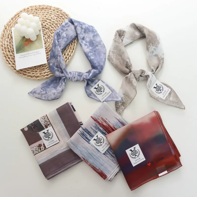 

Корейский стиль, модный маленький шелковый шарф в стиле ретро, женский весенне-осенний универсальный тонкий платок из чистого хлопка, маленький квадратный маленький шарф, платок