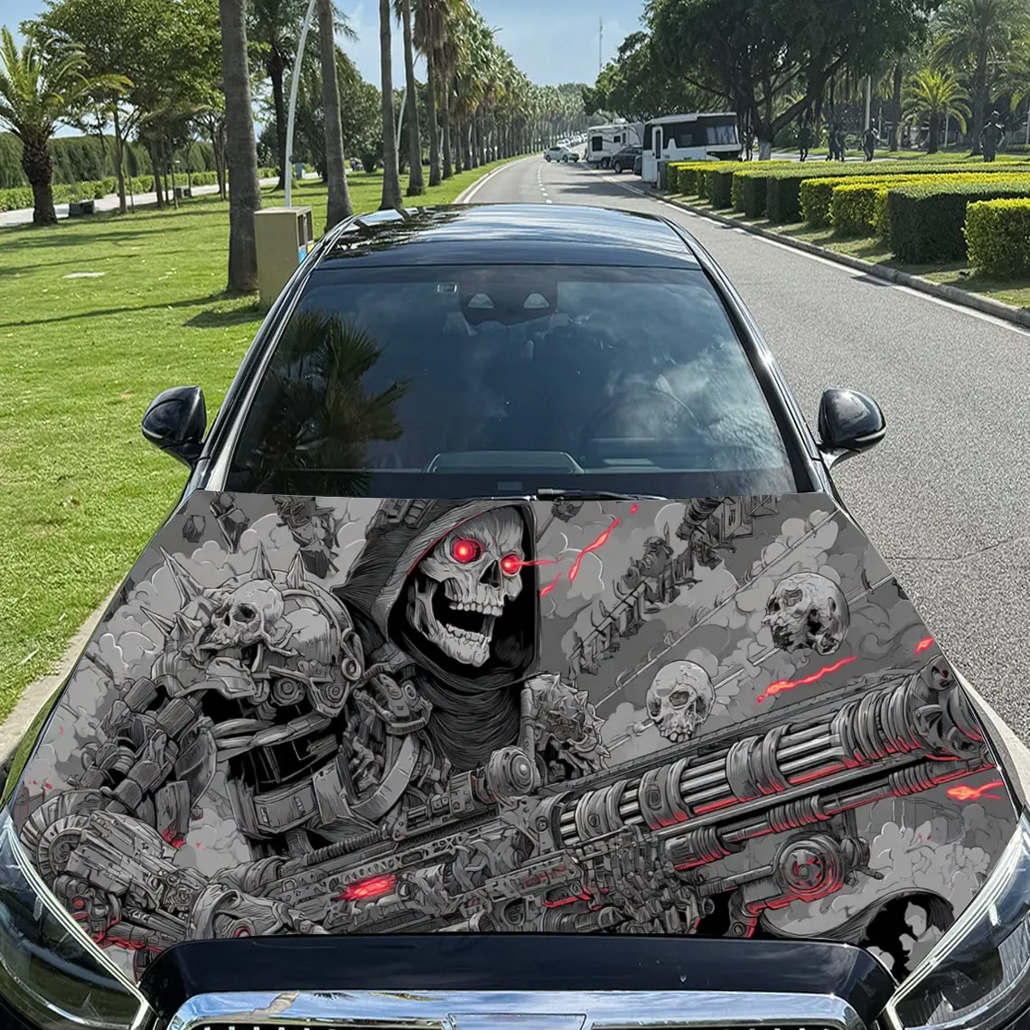 جمجمة ميكانيكية ساحرة في الخيال العلمي - مشهد فني من مادة PVC لغطاء محرك السيارة من الفينيل، عصا لاصقة ذاتية اللصق مقاومة للماء لغطاء السيارة