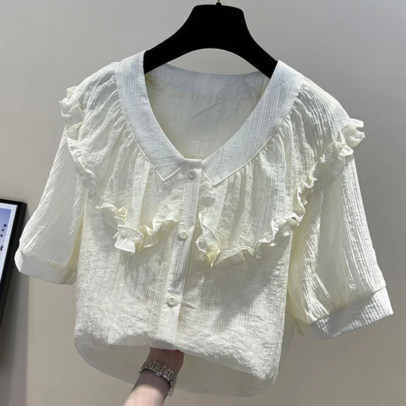 Sweet Peter Pan Collar Spliced Loose Ruffles Shirt Female Clothing 2023 Summer New Casual Tops Solid Color Office Lady Blouse