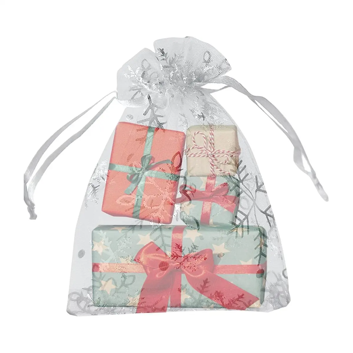 Super Sale 100PCS Snowflake Organza Bags Christmas, 4x6 Inches Christmas Bags with Drawstring, Mesh Bags for Christmas
