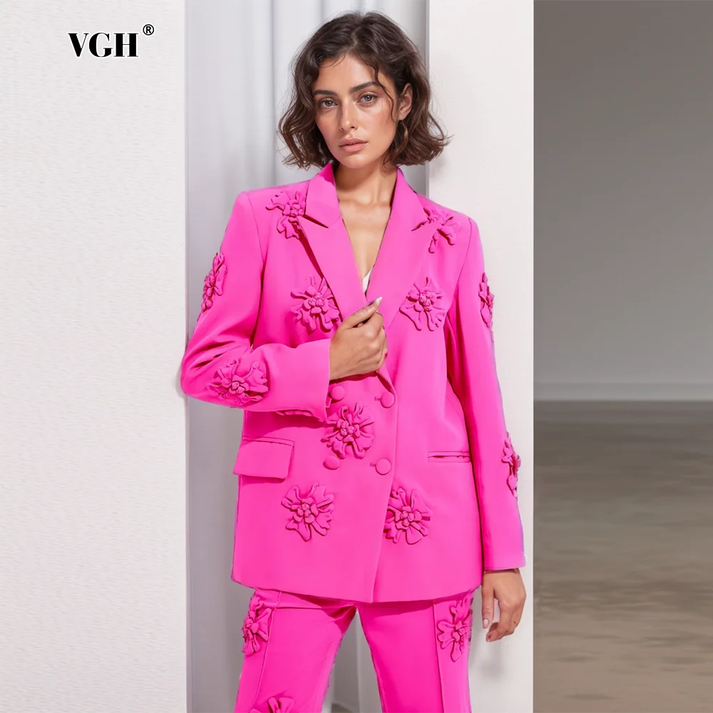 VGH elegante Patchwork Appliques Blazer per le donne colletto dentellato manica lunga impiombato doppio petto Soild Casual Blazer femminile