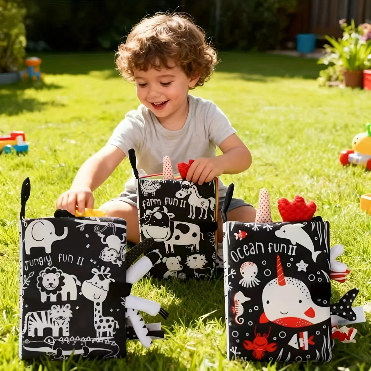 لعبة كتاب قماش ذيل الطفل، كتاب قماشي غير قابل للكسر، ورق صوت، التعليم المبكر، لغز أبيض وأسود، 0-3 سنوات