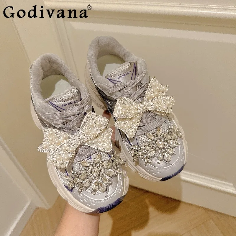 

Vintage Fleece Lined Chunky Sneakers Ladies Fashion Diamond Bow Thick Soled Shoes Women Height Increasing Warm Casual Sneakers