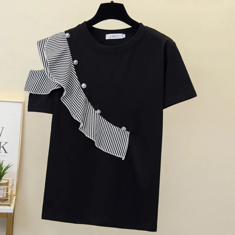 

2022 Summer t Shirts New Large Size Women's Clothing Loose Thin Striped Stitching Short-sleeved T-shirt bd30