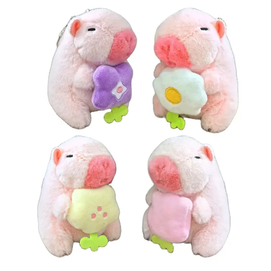 Wholesale 12pcs/lot 12cm cute Pink Capybara Plush Keyring TOys flower Capibara pufferfish stuffed Pendants Dolls Key chain GIfts