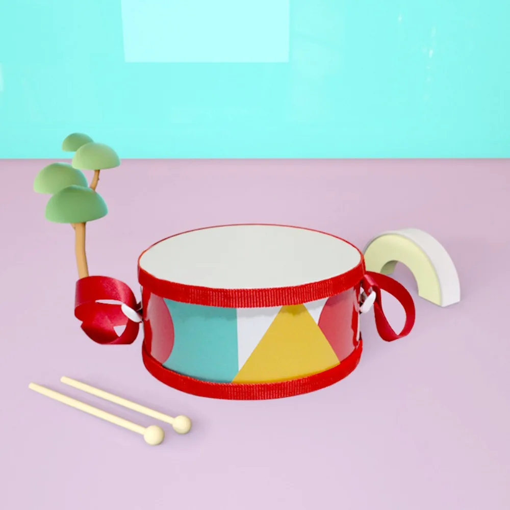 木製両面ドラム早期教育楽器子供のおもちゃドラムポータブル漫画ハンドドラム子供のおもちゃ