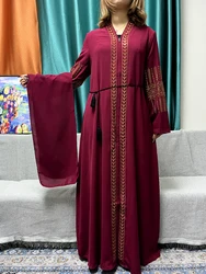 Muslim Open Abayas For Women Chiffon Chains Set Auger Loose Fit Femme Robe Islam Turkey Traditional Party Dresses With Turban