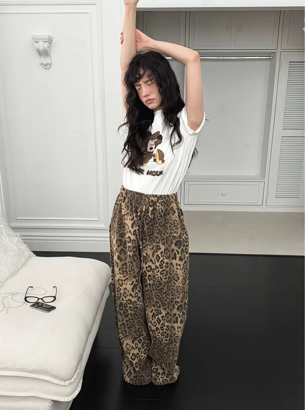 Tiger-Print-Freizeithose für Damen, Vintage-Stil, String, elastische Taille, lockeres, weites Bein, Fleischbedeckung, schlanke, gerade, bodenlange Hose