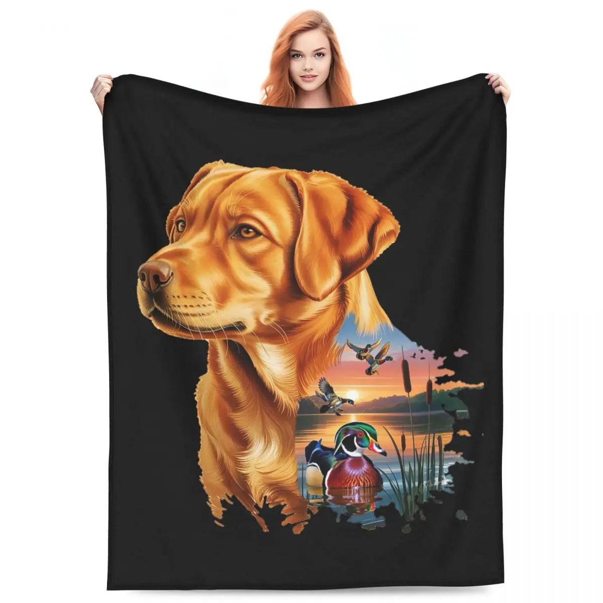 Fox Red Labrador And Wood Duck Sunrise Blanket Flannel Sofa Throw Blanket Breathable for Couch Bedding Throws Bedspread Quilt