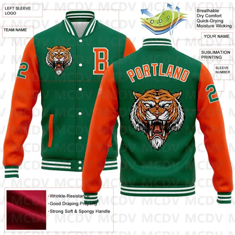 Niestandardowa kurtka Kelly Green Orange-White 3D Pattern Bomber Full-Snap Varsity Letterman Jacke